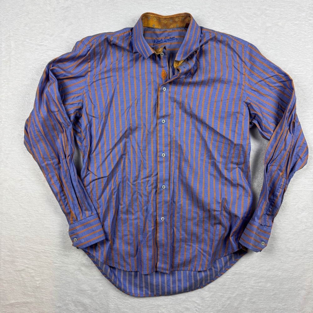 Robert Graham Long Sleeve Shirt Mens L Blue Orange Embroidered Striped Flip Cuff
